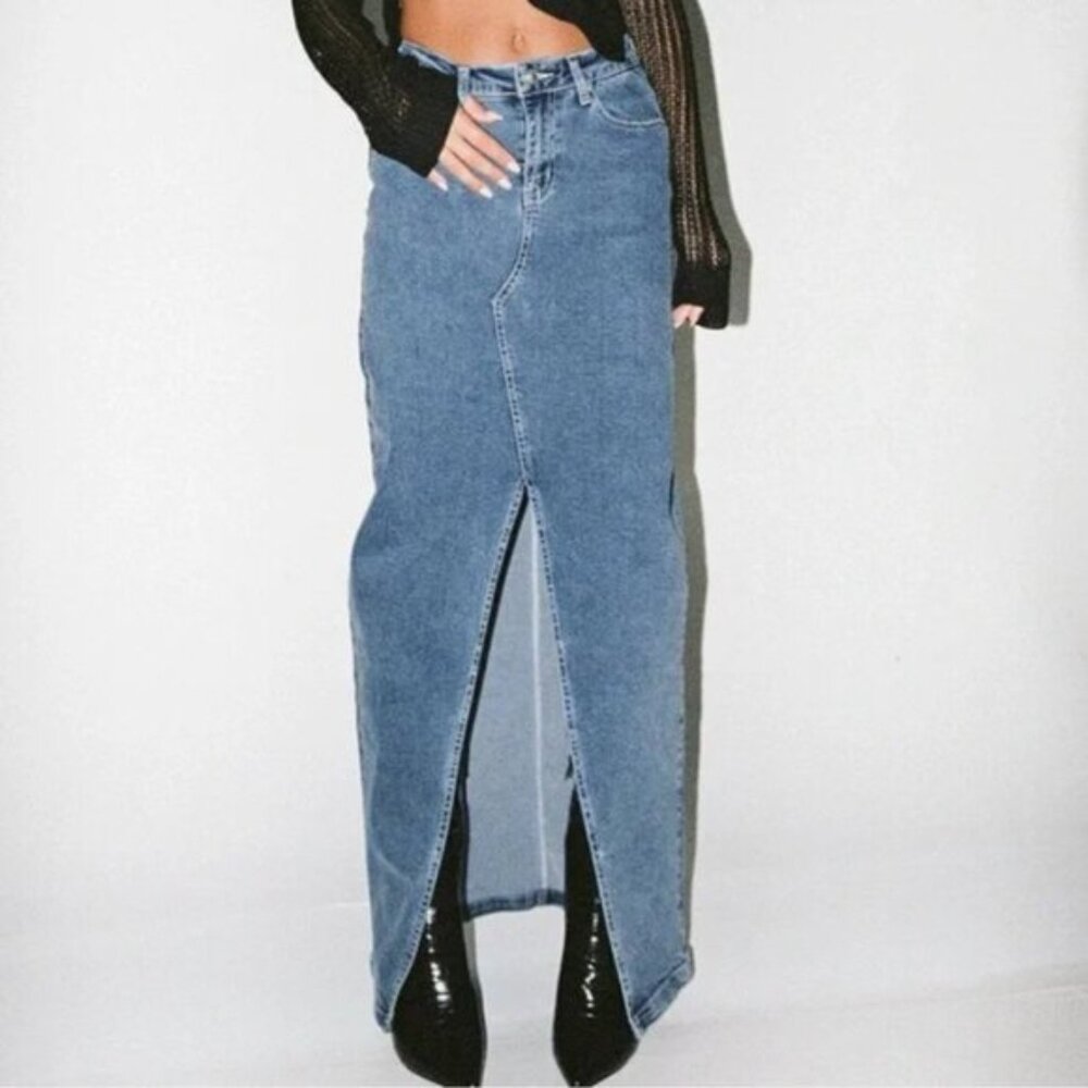 Princess Polly Batkins Denim Maxi Skirt Front Slit PP-DNM Women's 6 EUC Jean